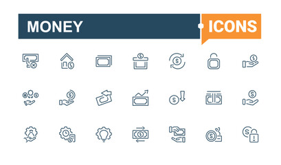 Money simple icon. Includes thin line savings, loan, paper, market, graph, growth, pig, exchange. Collection for mobile and web apps. Minimalist editable vector stroke.