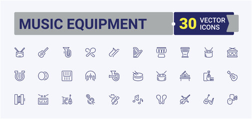 Music Equipment Postal and Digital Mail modern icons set. Includes icons for musical, music, electric, dj, entertainment and more. Icons for website. Editable vector stroke.