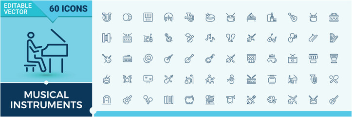 Musical Instruments collection. Includes icons for key, flute, percussion, dj, violin, organ, bass, music. Icons for website. Editable vector stroke. © Rubbble