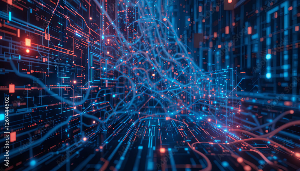 Poster a dynamic visualization showcases a network of glowing lines in blue and red, symbolizing data flow 