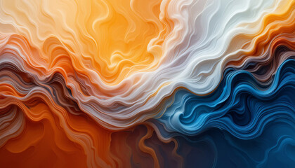 Fototapeta premium Flowing patterns of vibrant orange, blue, and white create a dynamic abstract design. The artwork captures movement and texture, drawing the viewer into a swirling composition