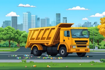Obraz premium City Cleanup: A vibrant yellow dump truck diligently cleans up litter scattered on a city street, with a backdrop of a modern cityscape and lush green trees.
