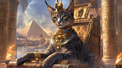 Majestic Egyptian Cat Goddess: A Royal feline enthroned amidst ancient pyramids and temples, adorned in gold and jewels, overlooking a serene landscape.