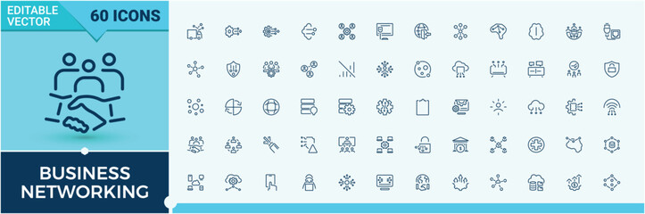 Business Networking icons set in linear style. Containing people, connect, group, network, digital, cloud and more. Outline icon. Editable vector stroke.