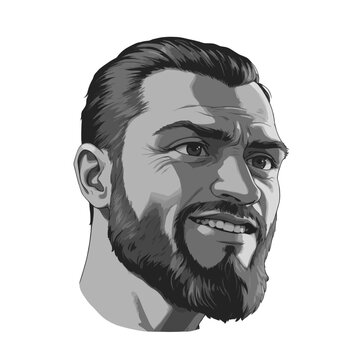 Clip Art illustration of a smiling man giga chad with a beard against a simple background