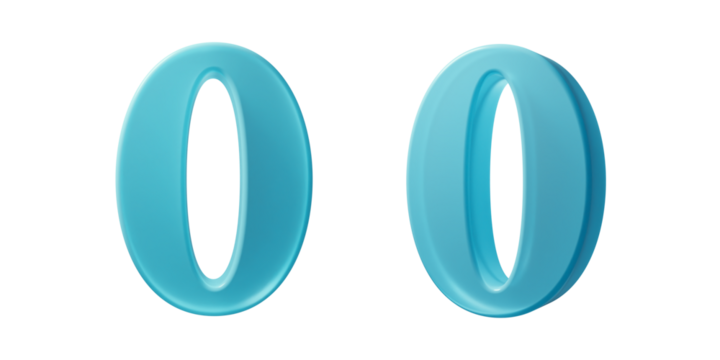 Two blue zeros: one diagonally angled with sides slightly visible, and another angled to show the front