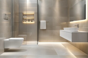 Modern minimalist bathroom with built-in laundry area, white decor, and elegant lighting