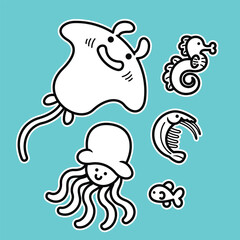 Lineart outline Sea Animal in cute colorful design for kids and education