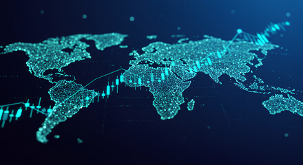 Global Market Analysis: A Digital World Map Overlayed with Trading Charts & Candlesticks for Finance, Business, and Investment Insights