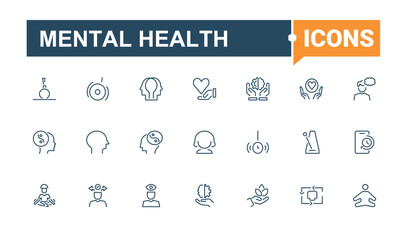 Mental Health line icon. Includes icons for sport, exercise, human, wellness, well-being, psychotherapy, aromatherapy and more. Thin icon design. Editable vector stroke.