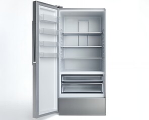 High end stainless steel refrigerator with an open door showcasing multiple storage shelves crispers and modern cooling technology for contemporary kitchen interiors and home appliance showcases