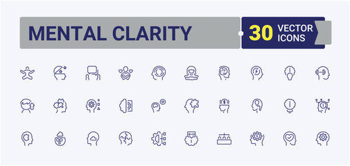 Mental Clarity icon collection. Contains related to spirit, mind, mental, stress, person, body, mindfulness. Sign and Symbol. Editable stroke. Vector illustration.