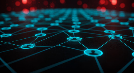 Connected Network: Glowing Blue Nodes & Lines. Digital Connectivity, Social Media, & Tech Innovation Visual