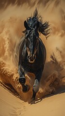 Majestic black horse galloping through golden sand dunes at sunset with flying mane and dust clouds