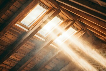 Obraz premium Golden Rays in the Attic: A dramatic beam of sunlight penetrates through a small window in a rustic wooden attic, illuminating the dusty beams and creating a warm, ethereal glow.