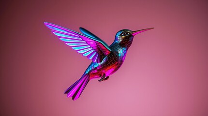 Obraz premium A noise-art poster depicting a hummingbird in flight, its wings a blur of neon violet, teal, and pink light trails. 