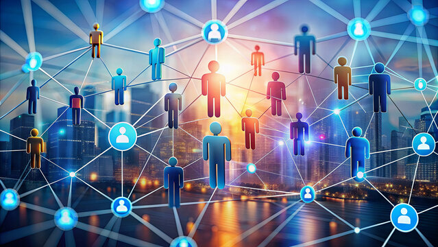 Diverse figures connected by lines illustrate the concept of social networking, set against a vibrant skyline during sunset. The scene highlights modern connections and technology