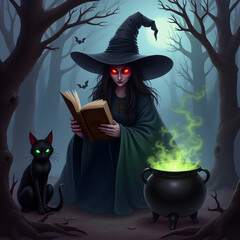 The witch’s long, tattered cloak billows in the cold night air, and she clutches a bubbling cauldron that glows with eerie green light, casting ghostly reflections onto the gnarled tree trunks.