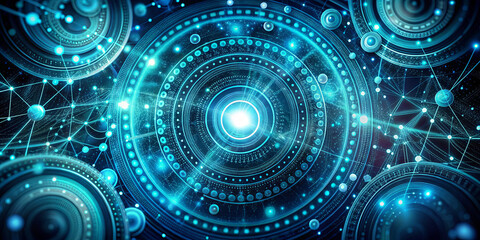 Obraz premium Intricate design showcases glowing circles and lines, symbolizing energy and data connections. The vibrant colors enhance the technological theme set against a dark background