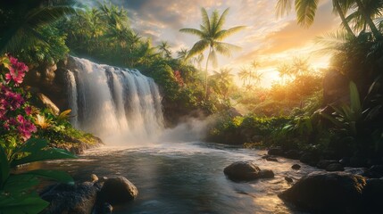 Tropical waterfall sunset paradise; lush foliage, calm pool