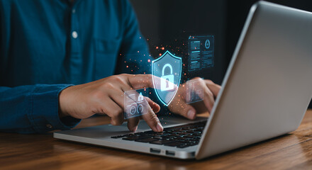 Cybersecurity on Laptop: Shield Your Data! Lock Icon, Protection, Hacker Prevention & Privacy Solutions for Secure Online Work