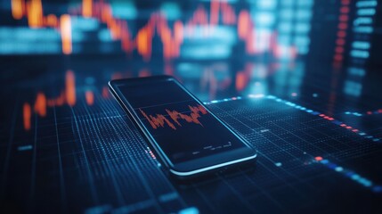 Close up of phone with creative forex chart on blue background. Trade, finance, technology and communication concept. 3D Rendering