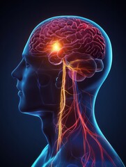 3D illustration showing active brain and energetic vagus nerve (tenth cranial nerve or CN X)