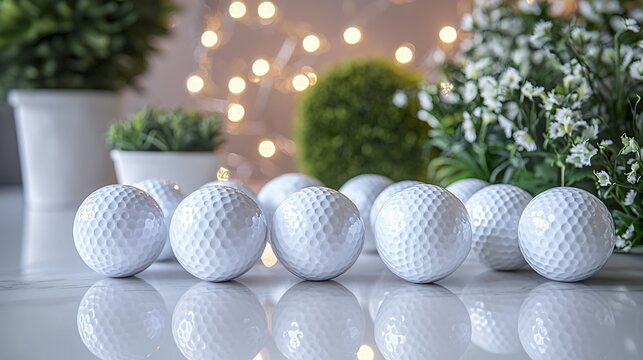 Golf balls on table, plants & lights