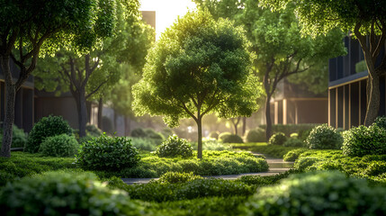 Obraz premium Green city environment and eco gardening company poster template. Vector nature landscape design for parkland squares, ecology forest trees, gardens or woodlands of urban horticulture planting