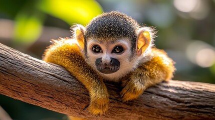 Obraz premium Adorable Squirrel Monkey on Branch, Rainforest, Sunlight