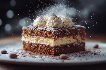 Decadent cocoa cake, creamy filling and powdered sugar cascade delight