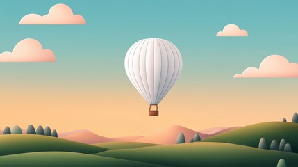 A serene landscape featuring a hot air balloon drifting over rolling green hills under a pastel sky.