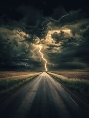 A lightning storm illuminates a deserted road, with dark clouds overhead and a grassy field on either side