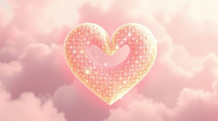 Obraz premium Graceful and elegant digital artwork of a glowing heart composed of golden, pink, and white shimmering particles against a soft, pastel cloudy background