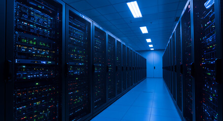 Data Center: Secure Servers, Cloud Storage, IT Infrastructure & Cyber Security. Network Hub, Digital Information.