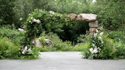 Fototapeta premium Elegant wedding arch decorated with white flowers and green foliage stands on a stone path in a lush garden.
