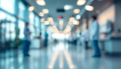 Soft focus image depicting a modern hospital hallway with medical staff