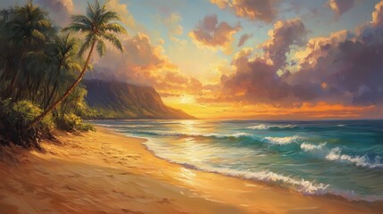 Vivid Hawaiian Sunset with Peaceful Beach Scene