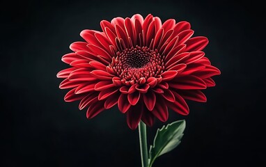 Elegant red chrysanthemum flower in full bloom with radiant petals and intricate center captured in soft light against a dark, contrasting background