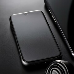 A close-up of a matte black ceramic surface with smooth, sleek texture and showcasing a mobile phone 