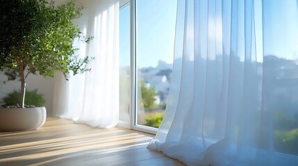 A white curtain is drawn open in a room with a large window © Linus