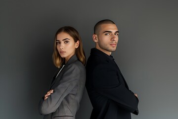 Professional Young Man and Woman Standing Back to Back in Studio