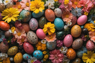 Obraz premium vivid spring flowers and creatively decorated Easter eggs