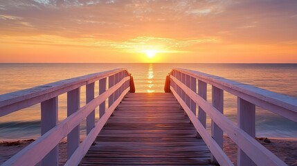Obraz premium Serene Sunrise Beach Pier Wooden Pathway Ocean View Peaceful Calm Tranquil Sunset Golden Hour Summer Vacation Tropical Idyllic Coastal Landscape 