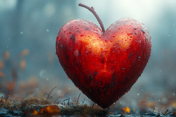 Crimson heart suspended in misty woodland, glistening with raindrops