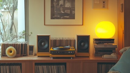 Vinyl records, stereo, lamp, home interior, cozy listening