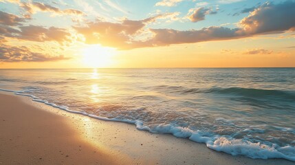 Fototapeta premium Stunning Golden Sunset Beach Scene Tranquil Ocean Waves Soft Sand Peaceful Summer Vacation Tropical Paradise Idyllic Seascape Beautiful Nature 