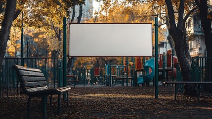 Photo of a large white blank banner hanging on a green metal fence at the playground, with park equipment in the background. 