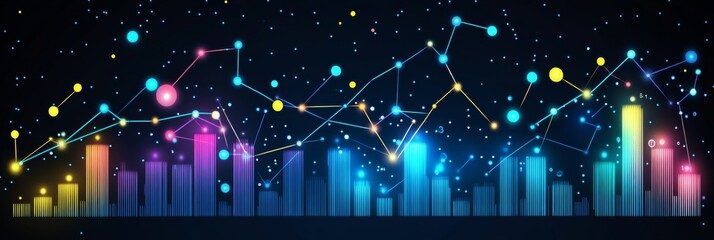 Financial Data Visualization with Column Charts, Line Graphs, Connected Dots on Dark Background
