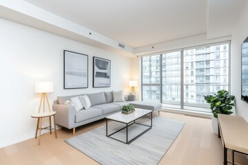 A modern living room filled with natural light, featuring a gray sofa, minimal decor, and large windows overlooking an urban view.